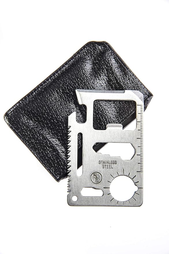 SE 11-Function Stainless Steel Survival Pocket Tool - Compact, Credit Card-Sized Multi-Tool with Leatherette Case - Ideal for Camping, Hiking, and Outdoor Activities- MT908-1