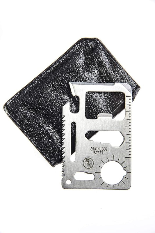 SE 11-Function Stainless Steel Survival Pocket Tool - Compact, Credit Card-Sized Multi-Tool with Leatherette Case - Ideal for Camping, Hiking, and Outdoor Activities- MT908-1