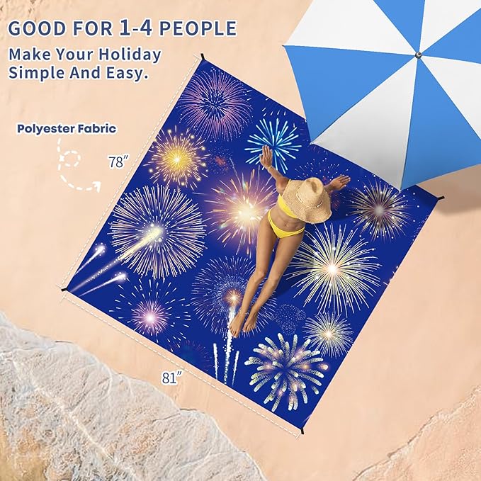 BYDOLL Beach Blanket Sandproof Waterproof Firework 78''×81''1-4 Adults Compact Lightweight Oversized Beach Blanket Large Picnic Mat Beach Blanket for Travel Camping Hiking Picnic