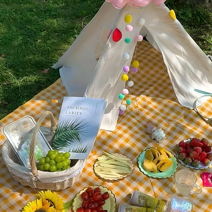 Picnic Blankets Waterproof Foldable Yellow Gingham Beach Outdoor Blanket Tote handbag for Park Travel Camping (40x60 inch)