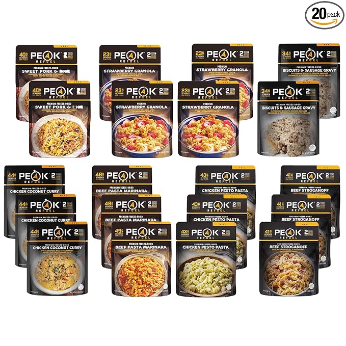 Peak Refuel Guide Pack (20 Meals) | Breakfast and Dinner Variety | Freeze Dried Backpacking and Camping Food | Amazing Taste | High Protein | Real Meat | Quick Prep (Bulk 20 Pack Bundle)