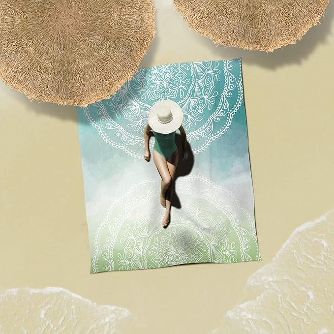 Sunlit Silky Soft 85"x72" Boho Sand Proof Beach Blanket Sand Proof Mat with Corner Pockets and Mesh Bag for Beach Party, Travel, Camping and Outdoor Music Festival, Tiffany Green Mandala