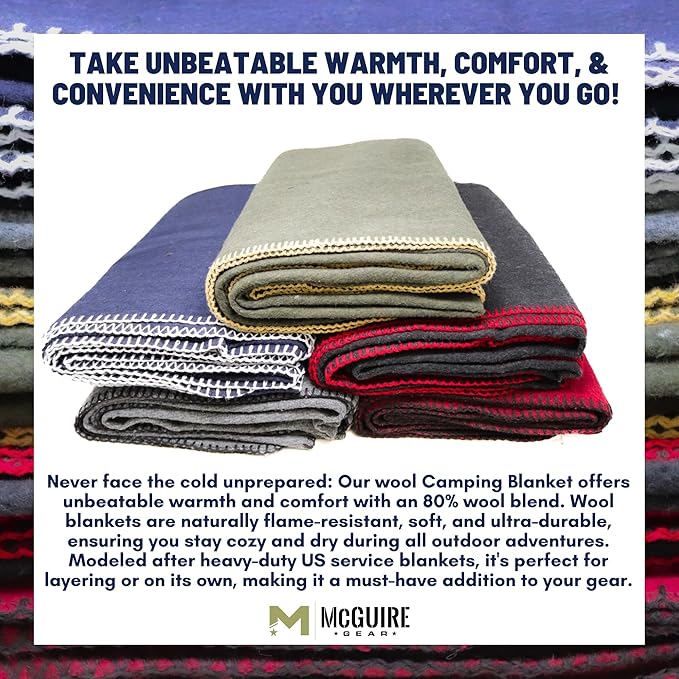 M MCGUIRE GEAR Heavy Duty Wool Military Camping, Survival, and First Aid Blanket, Mil-Spec Fire Retardant 64" x 90" (OD Green)