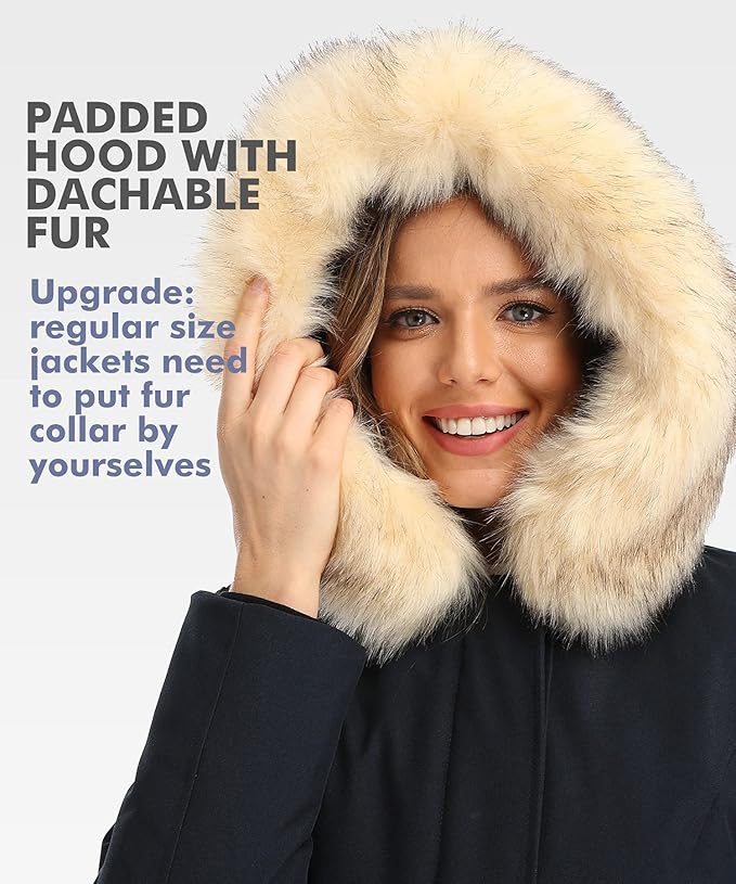 PUREMSX Duck Down Winter Coat for Women Insulated Long Thick Fur Hood Puffer Warm Parka Jacket