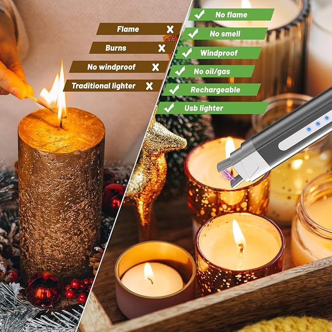 VEHHE Electric Lighter, Windproof & Flameless Candle Lighter Rechargeable USB, Arc Lighter with LED Display and Safe Button,Lighters for Candle BBQ Camping-Black