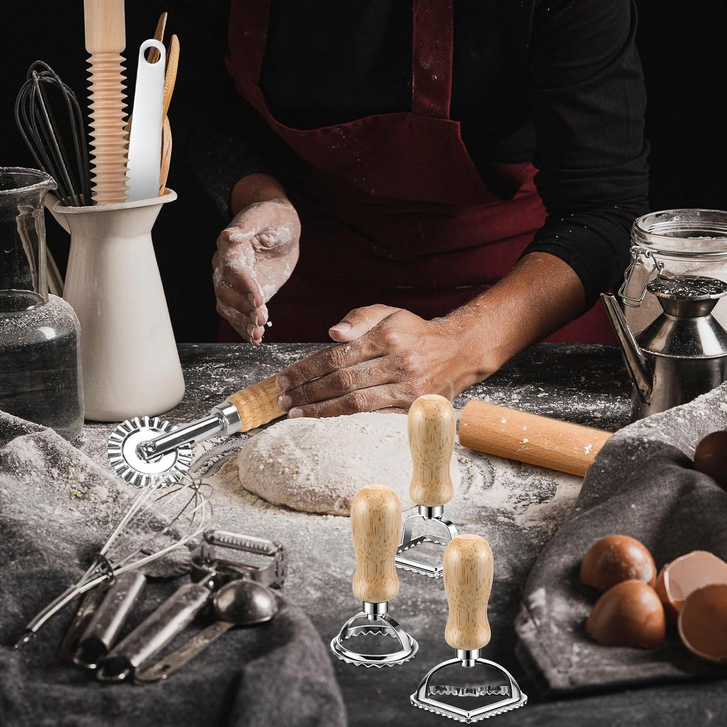 11 Pcs Pasta Making Tools Kit - Includes Wooden Gnocchi Board with Ravioli Stamp Cutter, Threaded Rolling Pin, Dumpling and Pasta Maker - Gift for Homemade kitchen Baking Lovers