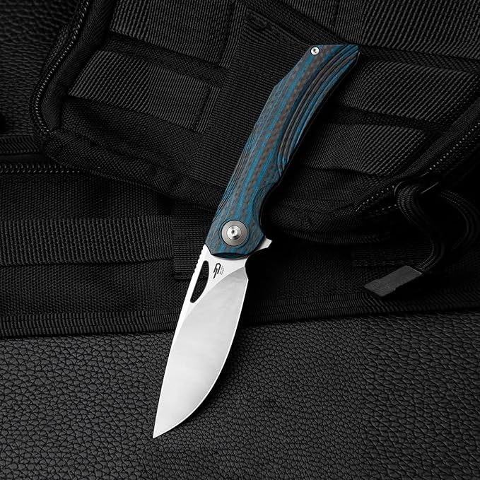 BESTECH KNIVES Pocket Folder Folding Knife: 3.54" 154CM Steel Satin Blade, Carbon Fiber and G10 Scales, Flipper, Liner Lock, EDC Titanium Clip, BL01B (Black Blue)