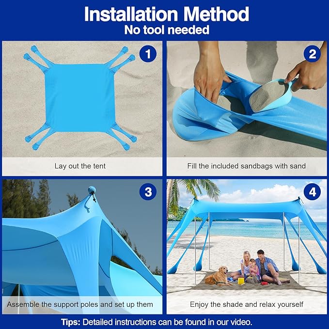 Rhino Valley Beach Tent Sun Shelter, Beach Canopy Tent Sun Shade UPF50+ Protection with 8 Sandbags 4 Stability Poles, Outdoor Beach Shade Canopy for Beach, Camping, Fishing
