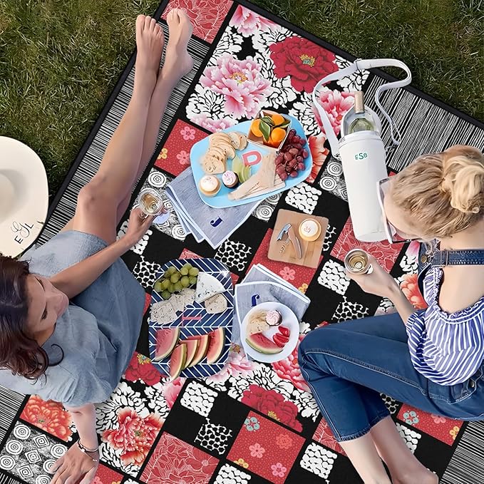 Floral Peony Flower Picnic Blanket Waterproof Foldable Extra Large Picnic Mat Beach Blanket 60"x80" for Camping Beach Hiking Patio Party Outdoor Decor Gifts