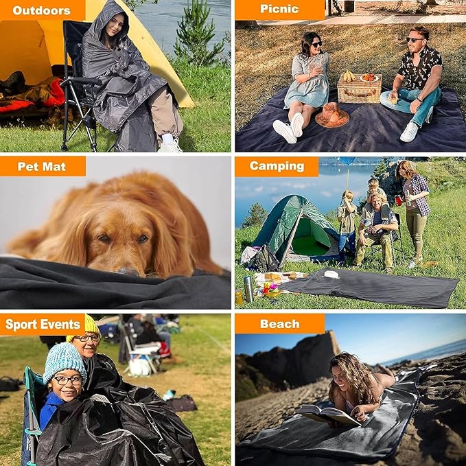 DOBYE Hooded Stadium Blanket, Large Waterproof Outdoor Fleece Blanket, Windproof Wearable Portable Warm Mat for Camping
