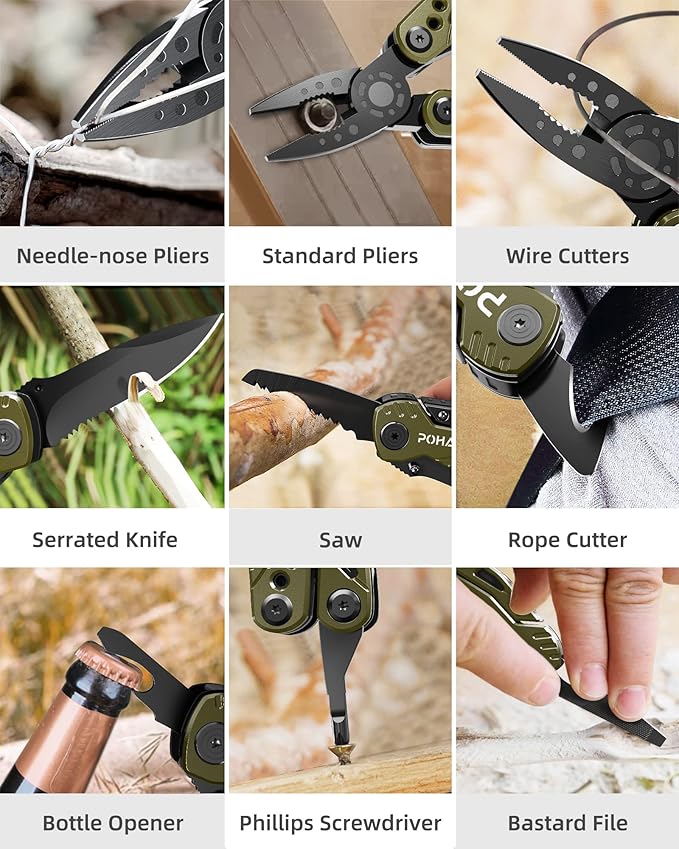 Pohaku Multitool Knife, 13 in 1 Pocket Multitool, Multi Tool with 3" Large Blade, Safety Locking Design, Spring-Action Plier, Durable Nylon Sheath for Outdoor, Camping, Fishing, Survival (Green)