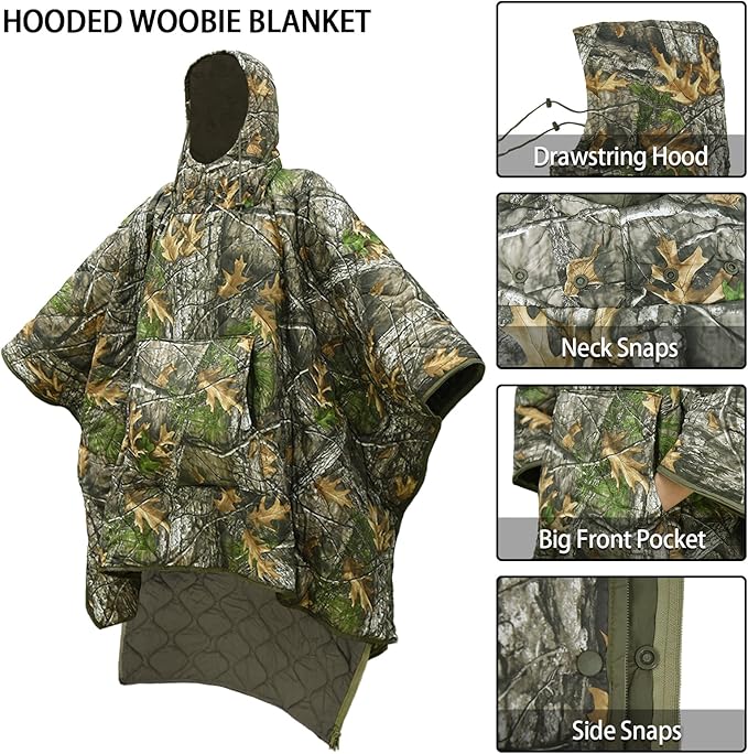 Poncho Liner Hoodie with Pocket Insulated Military Woobie Sleeping Bag Waterproof for Outdoor Camping Travel Survival Hunting Car Emergency