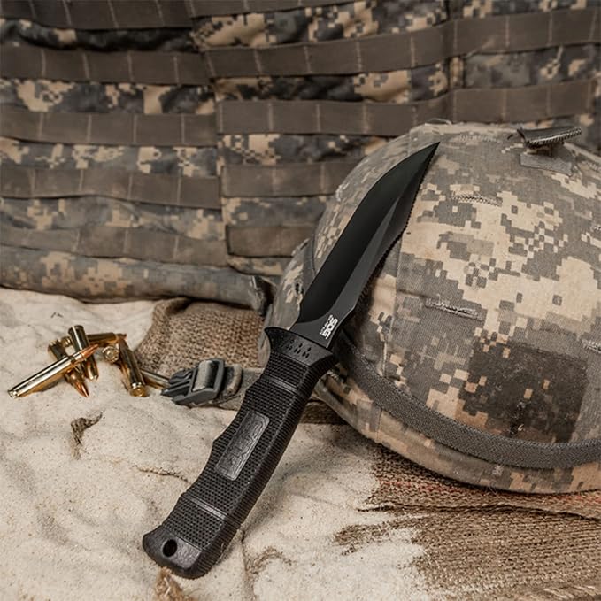 SOG Fixed Blade Knives with Sheath - SEAL Pup Elite Survival Knife, Hunting Knife w/ 4.85 Inch AUS-8 Bowie Knife Blade for a Tactical Knife (E37SN-CP)