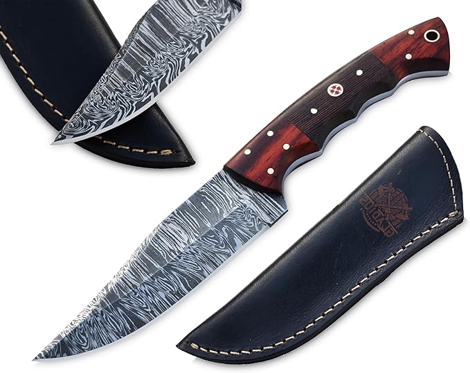GLADIUS CRAFTS" 9 Inch Handmade Damascus Skinner Knife with leather sheath - EDC Full tang fixed blade with RoseWood handle - Ideal for Camping, Hunting & Skinning, and Bushcraft