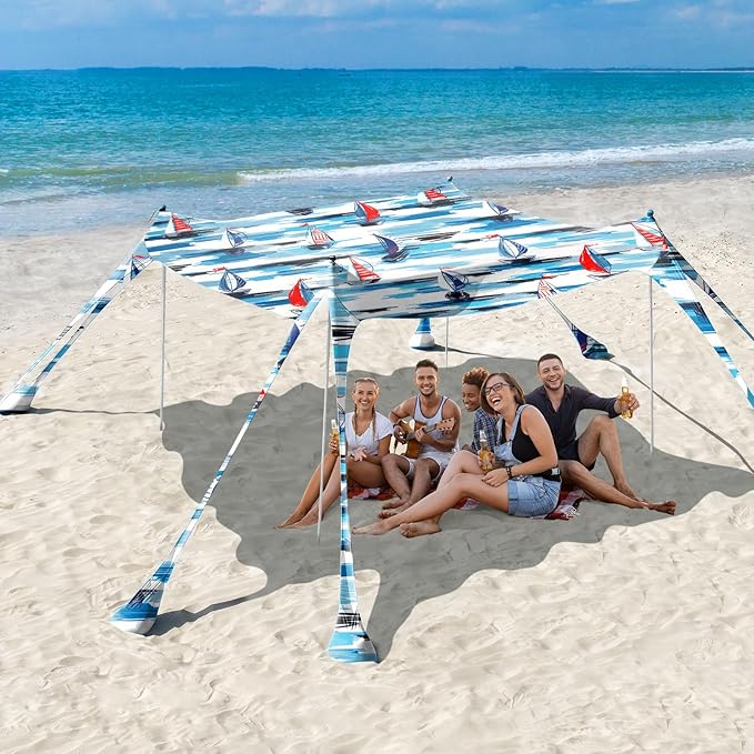 Rhino Valley Beach Tent Sun Shelter, Beach Canopy Tent Sun Shade UPF50+ Protection with 8 Sandbags 4 Stability Poles, Outdoor Beach Shade Canopy for Beach, Camping, Fishing
