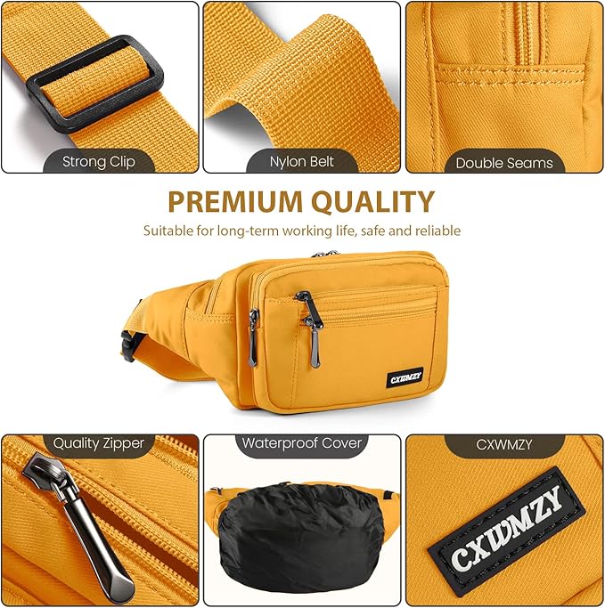 CXWMZY Fanny Packs For Women & Men Waist Pack Hip Bum Bag with Multi-Pockets Large Capacity Waterproof Casual Bum Bag for Disney Traveling Casual Cycling Running Hiking (Yellow)