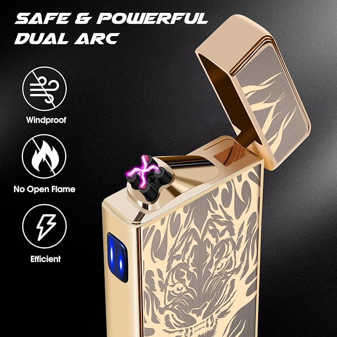 LcFun Plasma Lighter Type C Rechargeable Windproof Lighter USB Electric Lighter Flameless Dual Arc Lighter Electronic Cool Lighters for Candle, Incense Stick, Outdoor Camping (Gold Tiger)