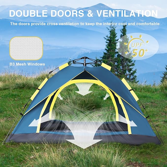 Instant Pop-Up Camping Tent, 2/3 Person Tents for Camping, Automatic Quick Open, Waterproof Windproof Tents, Easy Setup for Outdoor, Beach, Hiking, Backpacking, Traveling