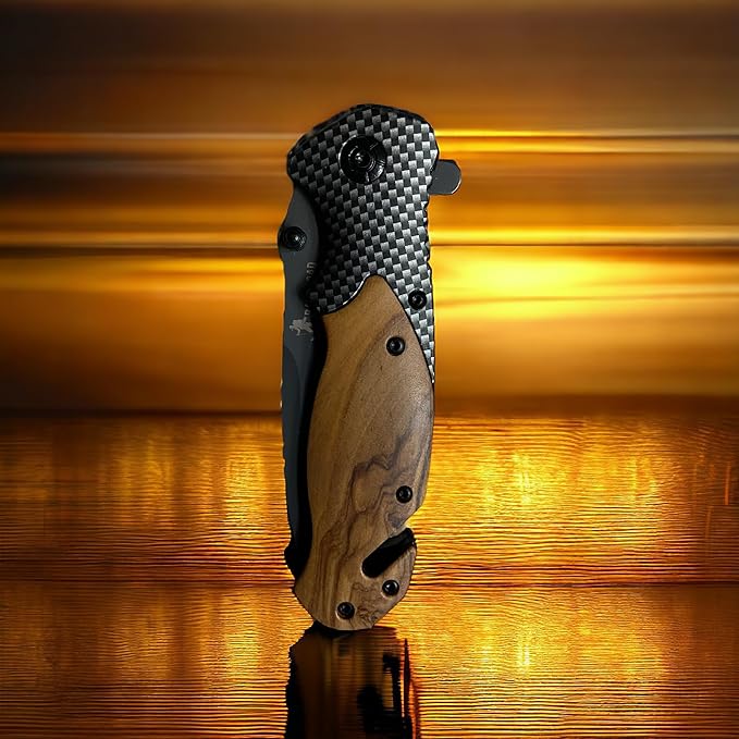 Stainless Steel EDC Folding Wood Handle Pocket Knife Glass Breaker Seatbelt Cutter Olive Wood Handle Carbon Fiber Insert