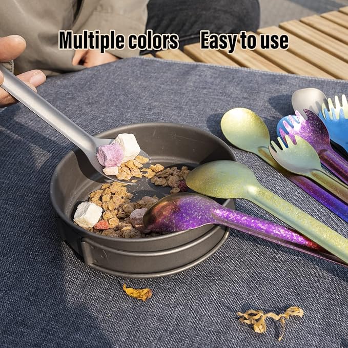 TiTo Titanium Long Handle Spork and Spoon Eco-Friendly Ultralight Portabale Flatware for Outdoor Camping Backpacking Hiking Travel Picnic Tableware with Bag(Bright Colorful Spoon)