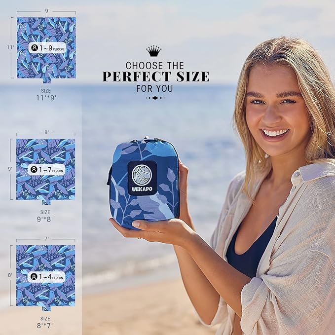 WEKAPO Beach Blanket Waterproof Sandproof Oversized, Extra Large Beach Mat Sand Free, Lightweight & Compact Sand Free Mat with 6 Stakes & 4 Corner Pockets