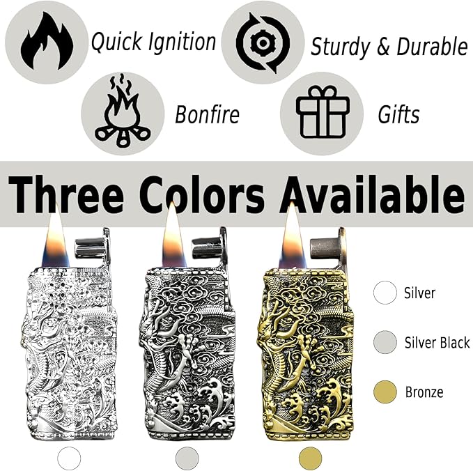 Cool Embossed Design Kerosene Wheel Lighter Refillable Eco-Friendly, Vintage Dazzling & Ultra-Cool, Unique for Men Candles Gift Camping BBQ (No Kerosene) (20#)