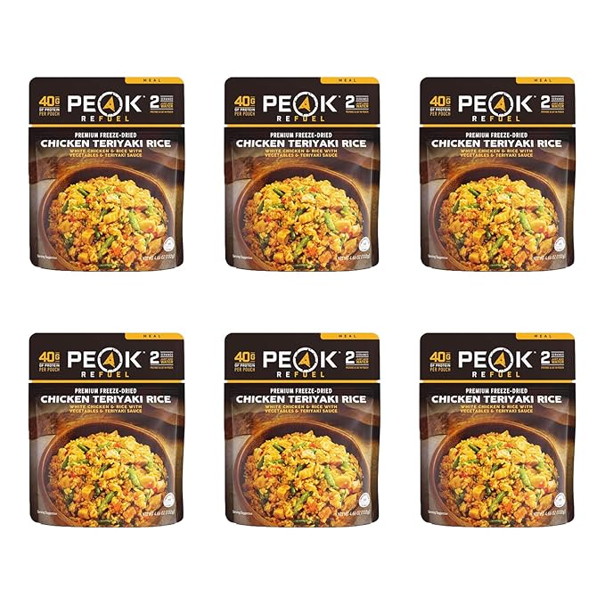Peak Refuel Chicken Teriyaki Rice 6 Pack | Premium Freeze Dried Camping Food | Backpacking & Hiking MRE Meals | Just Add Water | 100% Real Meat | 240g of Protein | Pouch (Teriyaki - 6 Pack)
