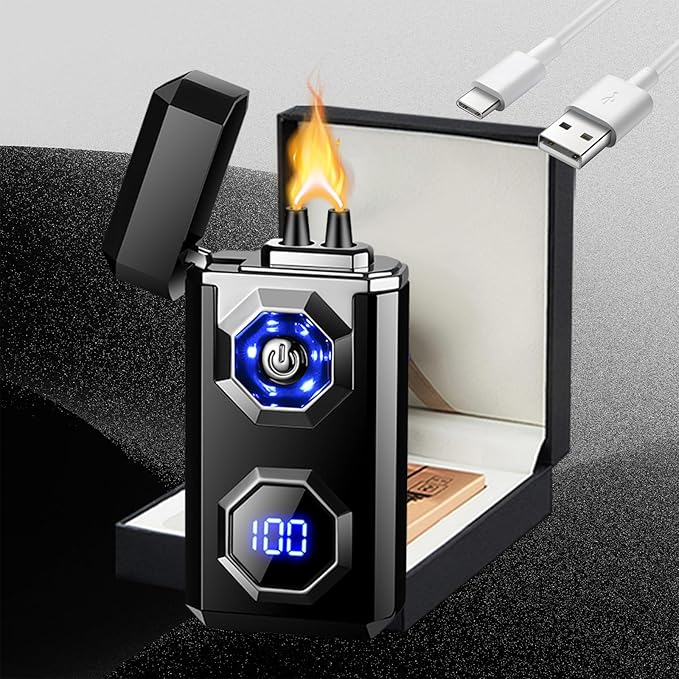 Electric Lighter,Type-C Arc Lighters Rechargeable,Big Flame Windproof Lighter,Plasma Lighter with LED Battery Display and LED Lighting, Suitable for Camping,Scented Candles(Black)