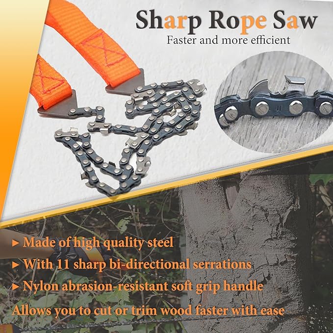 HOMEE 4Pcs Pocket Chainsaw Set with Firewood Puller,Gloves and Storage Bag,26 inches Rope Saw,11 Teeth Folding Chain Hand Saw for Outdoor Survival Camping Hunting Tree Cutting Emergency Tools
