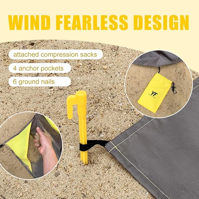 Yonge & Finch Large Beach Blanket Sandproof Heat-Resistent Beach Mat Machine Washable Camp Blanket Packable Pocket Blanket Waterproof Outdoor Blanket Fit 4-7 Persons 83 * 79inch Yellow