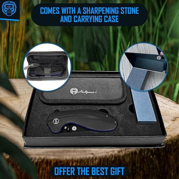 Holtzman's Gorilla Survival 'Patriot' Folding Knife featuring D2 Steel Blade with G10 Handle in Gift Box Set (Black+Blue)