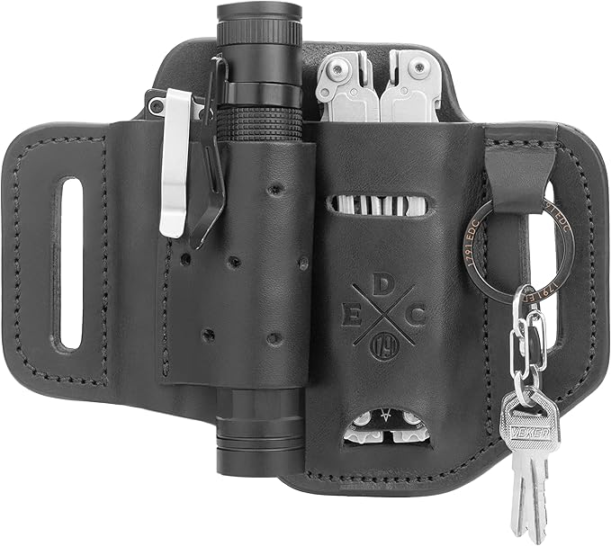 Multitool & Flashlight Holster, Leather EDC Organizer Belt Pouch Fits Multitool, Knife, Flashlight, Keys - Compatible with Heavy Duty Leatherman, Gerber, SOG Multitools