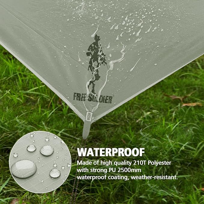 FREE SOLDIER Green 10x10.5ft Waterproof Polyester Camping Tarp with UV Protection, Ideal for Camping, Backpacking, and Hiking