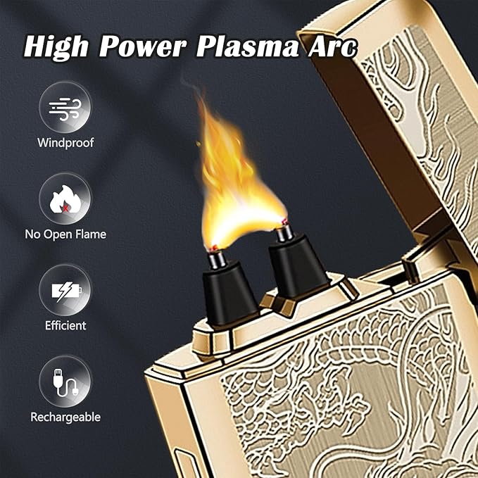 SKRFIRE Electric Lighter USB Type-C Rechargeable Plasma Arc Lighter, Windproof Torch Lighter High Power Flame Candle Lighter with LED Battery Indication for Camping, Hiking, Traveling(Gold Dragon)