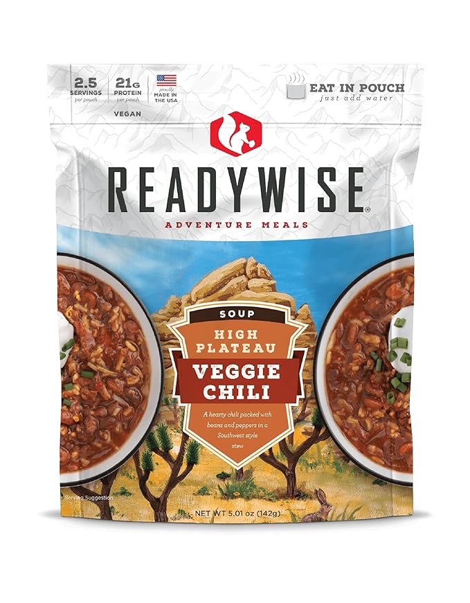 READYWISE - Adventure Meal, Veggie Chili Soup, 2 Servings, Pack of 1, Emergency Preparedness, Freeze Dried Food, MRE, Snack Pack or Emergency Food, Backpacking, Camping, Hiking, and, Survival Food