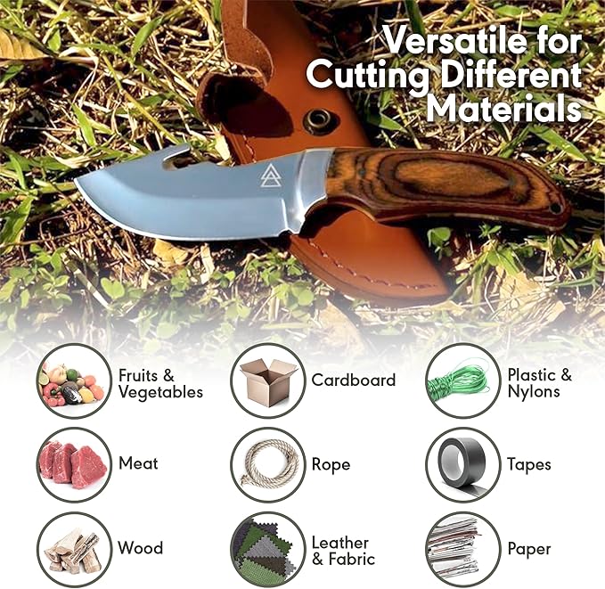 Hunting Knife with Gut Hook, 7.68" Gut Hook Hunting Knife with 440C Stainless Steel Outdoor Gut Hook Knives, Leather Sheath Included by Kratos - ZFS3