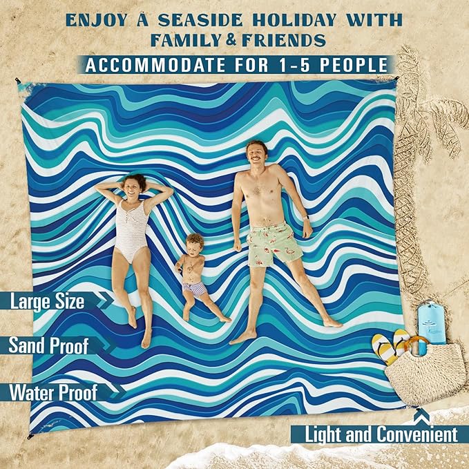 Beach Blanket Sandproof Waterproof 78''×81''1-5 Adults Oversized,Compact Lightweight Durable Beach Mat for Travel Camping Hiking Picnic Blanket