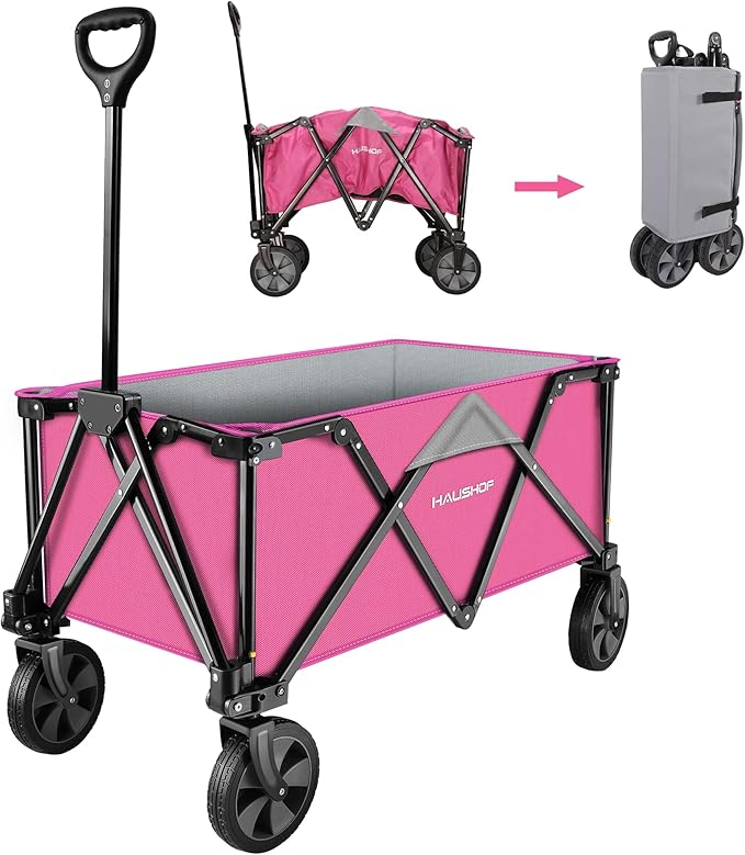 HAUSHOF Heavy Duty Collapsible Wagon, Folding Outdoor Utility Wagon, Camping Garden Beach Cart with Universal Quick Release Wheels, Adjustable Handle, 176 lbs Load Capacity, Pink