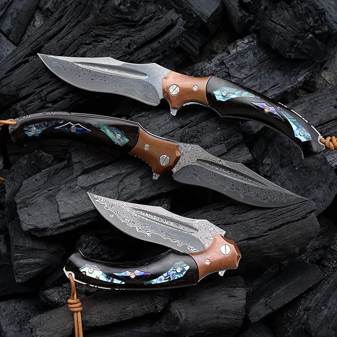 handmade japanese vg10 damascus steel folding knife with ebony lined lock handle, 5.5 "with leather sheath, edc pocket knife, men's outdoor camping fishing
