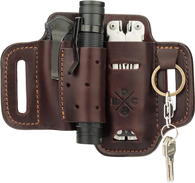Multitool & Flashlight Holster, Leather EDC Organizer Belt Pouch Fits Multitool, Knife, Flashlight, Keys - Compatible with Heavy Duty Leatherman, Gerber, SOG Multitools