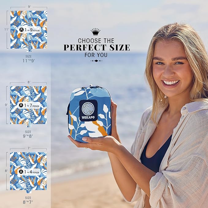 WEKAPO Beach Blanket Waterproof Sandproof Oversized, Extra Large Beach Mat Sand Free, Lightweight & Compact Sand Free Mat with 6 Stakes & 4 Corner Pockets