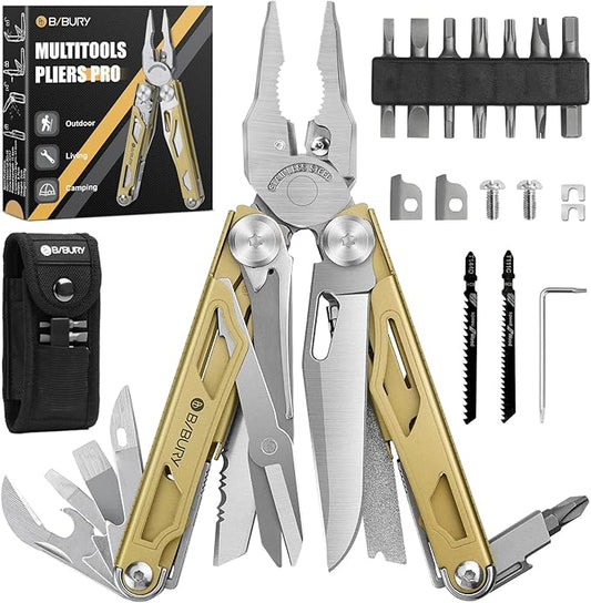 BIBURY Multitool Pliers, 31-in-1 Stainless Steel Multi Tool with Replaceable Wire Cutters and Saw, Foldable Heavy-duty Multitool Set with Scissors and Screwdriver for Hiking Camping Survival Repair