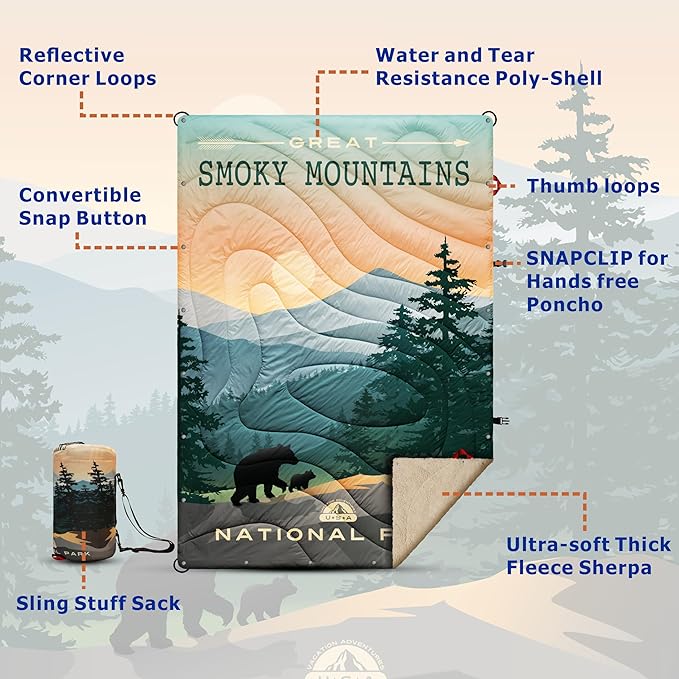 Puffy Sherpa Outdoor Camping Blanket for Traveling, Picnics, Beach, Concert, Car,Stadium, Sporting Events - Wearable Warm Waterproof - 55 X 78 (Great Smoky Mountains NP)