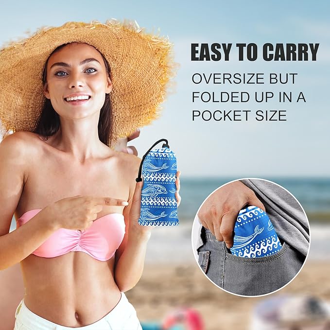 Beach Blanket Waterproof Sandproof 79"x 83" for 1-4 Adults,Quick Drying Beach Mat,Lightweight & Durable,Beach Essentials for Family Beach Camping Travel Picnic(Blue Dolphin)