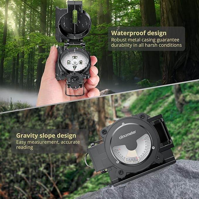 Hiking Compass with Clinometer, Strong Magnetic Intensity 3000 Gauss Military Lensatic Sighting Compass with Lanyard & Pouch, Survival Compass for Hiking Camping Hunting Outdoor (Black)