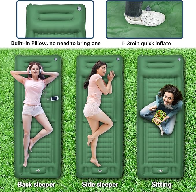 Camping Sleeping Pad, Self Inflating Air Mattress Extra Thickness 4.7 Inch Single Sleeping Pad for Camping with Pillow Built-in Foot Pump Inflatable Camping Mattress for Tent Hiking Traveling