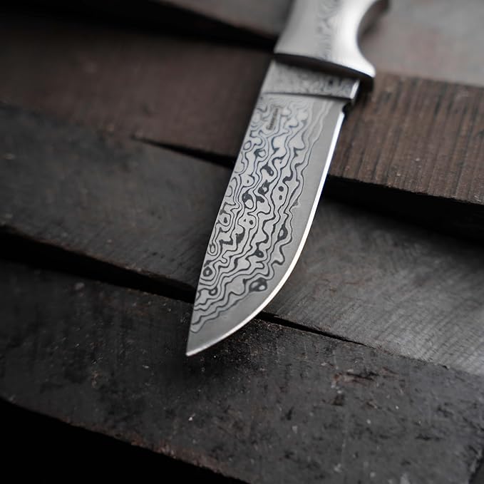 BÖKER PLUS® M-One Damascus hunting knife - fine Damascus knife with fixed blade & leather sheath - bushcraft knife with ebony wood handle - Damascus outdoor knife in gift box