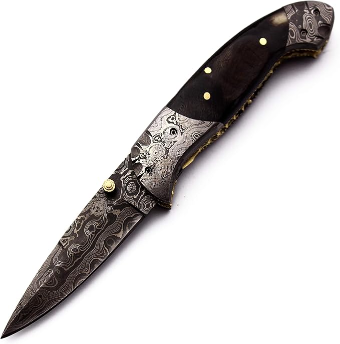 Handmade Damascus Folding Pocket Bowie Knife For EDC,Hunting,Survival,CampingBushcrfat,Skinning and Fishing with Full Tang Micarta and Cowhide-Leather Sheath For-Men and Women-(DCF97 - Fireball)