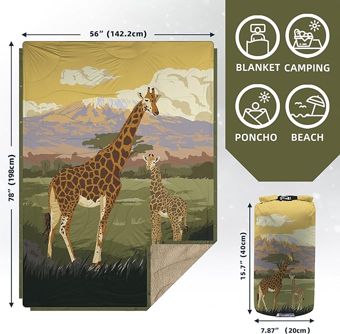 Outdoor Camping Blanket with Sherpa Lining, Extra Warm Thick Camp Blankets & Puffy Ultralight Soft Poncho DWR Camping Quilt for Cold Weather, Adventure,Sleeping,Backpacking 78"x 56"