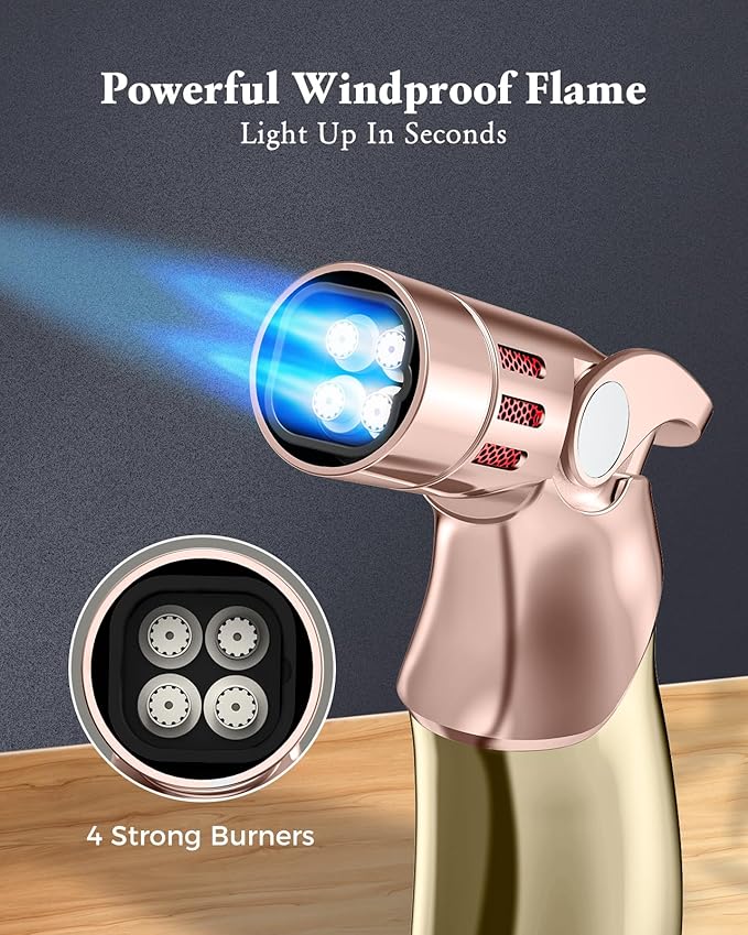 Torch Lighter, Adjustable 4 Jet Flame Refillable Butane Fuel Lighter Windproof Mini Butane Torch Lighter for Grill BBQ Gas Fireplace Fire Camping (Butane Gas Not Included) (Golden)